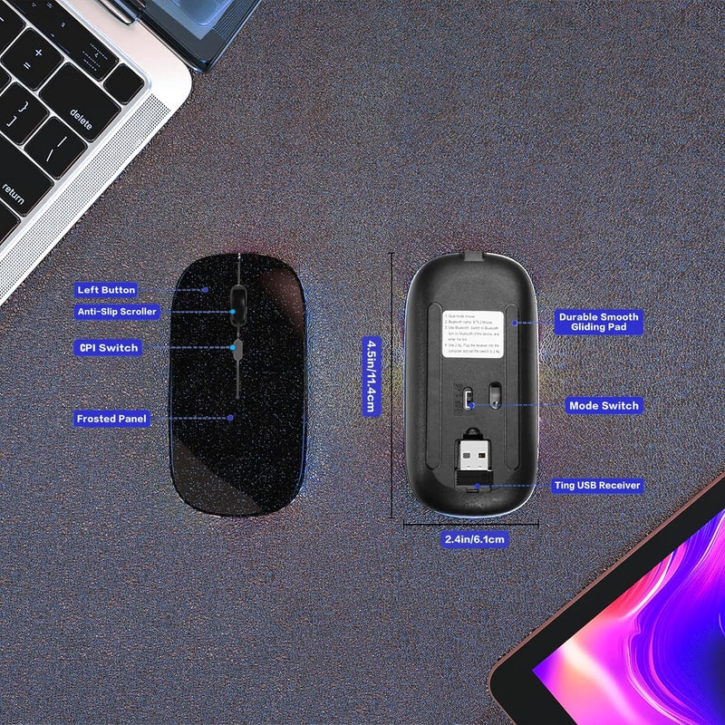 AOLIKOKO Wireless Bluetooth Mouse Rechargeable Laptop Mice Use Portable(Bluetooth5.2 and USB 2.4G) Dual Mode Connection Silent Slim Computer Mouse for Laptop/iPad Tablet/Apple MacBook/PC(Bright Black) - Image 3